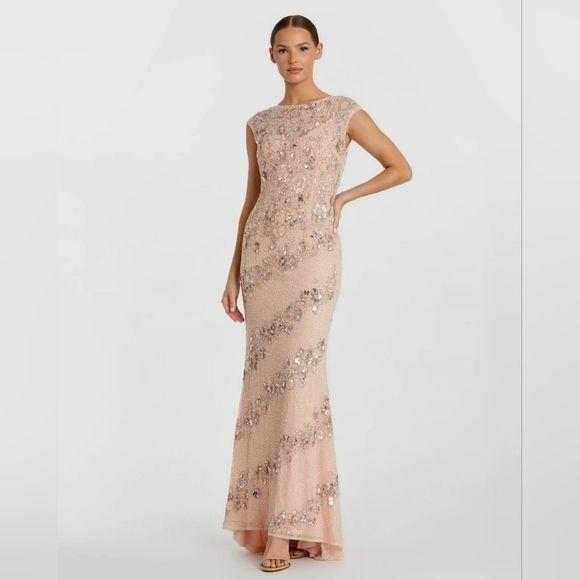 Mac Duggal 5500 Pink Floral Embellished Cap Sleeve Trumpet Gown 14 Wedding Party - Picture 15 of 15